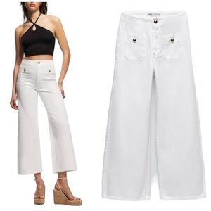 Zara Wide Leg High Rise Cropped White Denim Culotte Style Jeans Pants with Gold